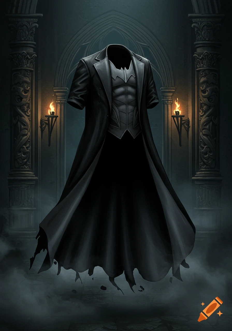 An empty black superhero costume with a bat symbol on the chest, floating in a dark gothic hall with torchlit pillars.