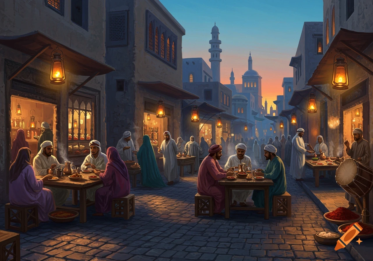 A bustling Middle Eastern market scene at dusk with people eating at tables, illuminated by lanterns, and traditional buildings in the background.