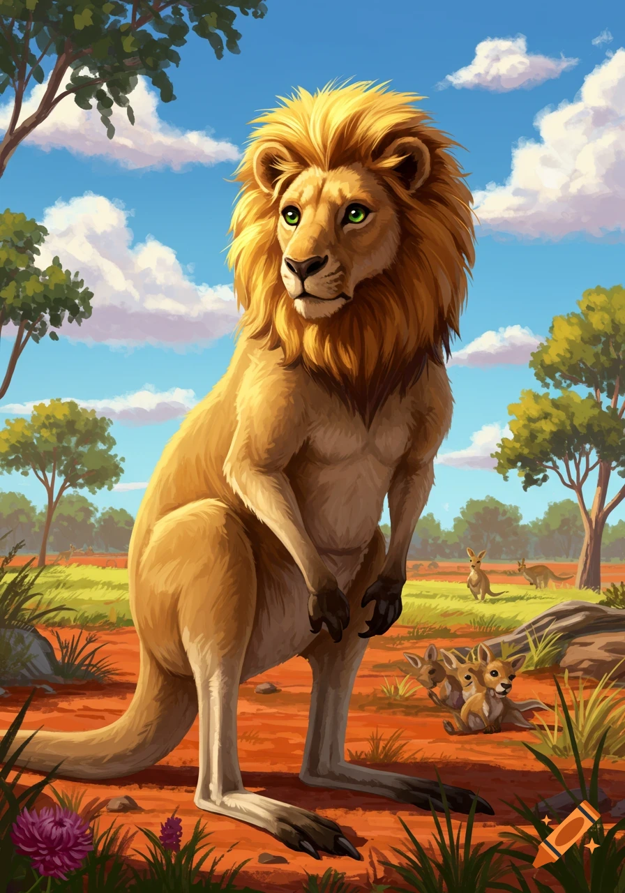A powerful lion-headed kangaroo stands in a sunny, arid landscape with trees and clouds, while joeys rest nearby.