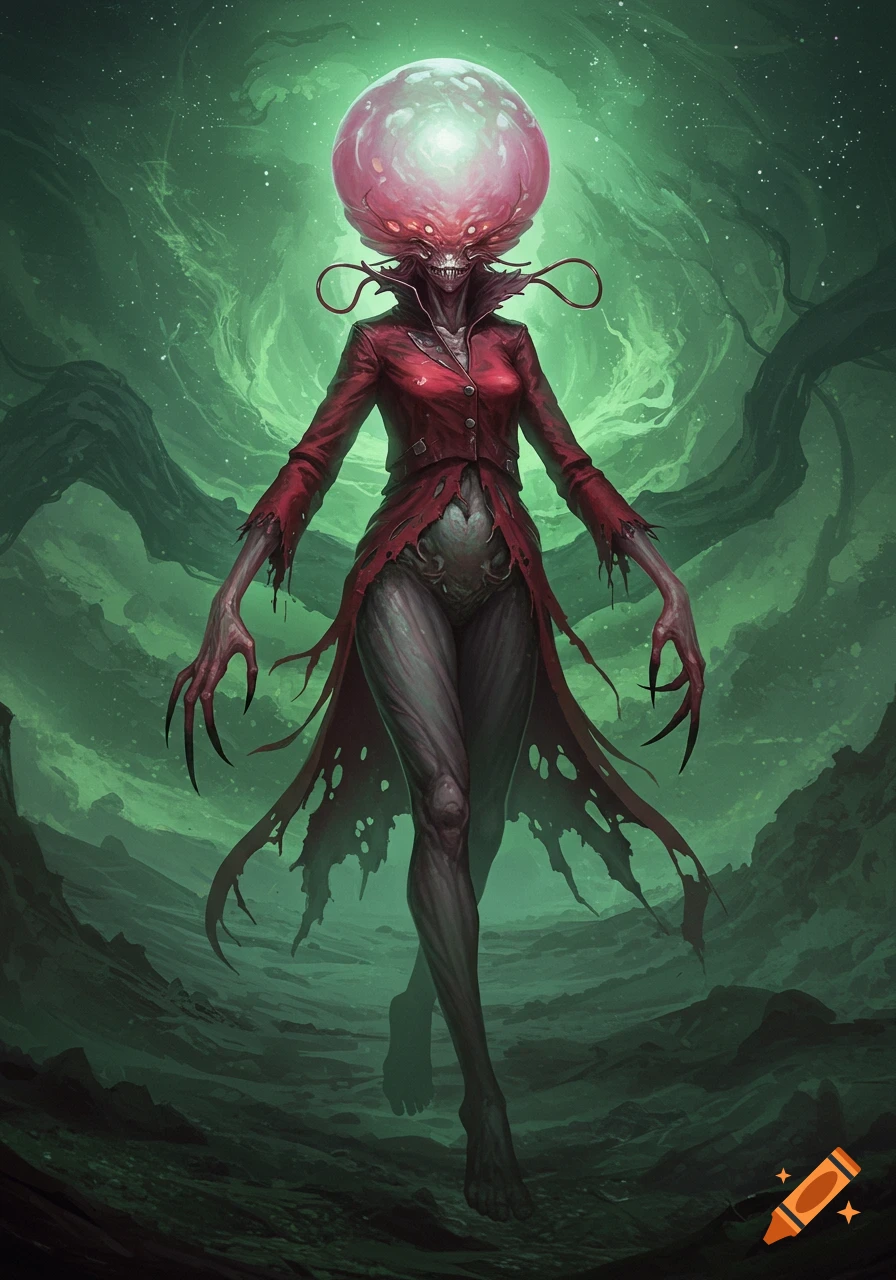A monstrous creature with a glowing pink bulbous head, long clawed arms, and a red tattered jacket, standing in a green, alien landscape.