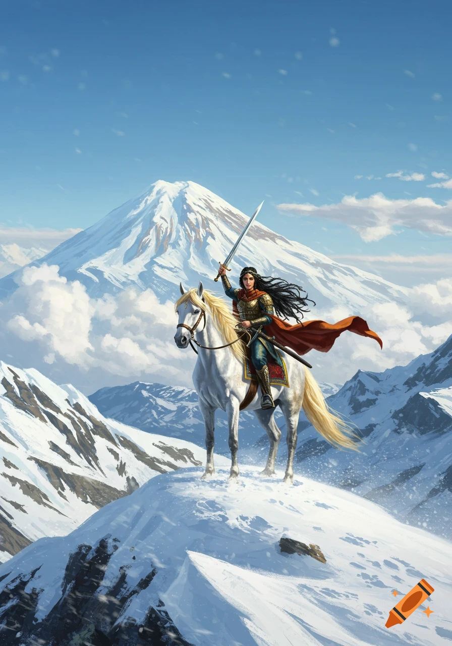 A heroic woman warrior with a sword rides a white horse on a snowy mountain peak under a clear blue sky, in a digital painting style.