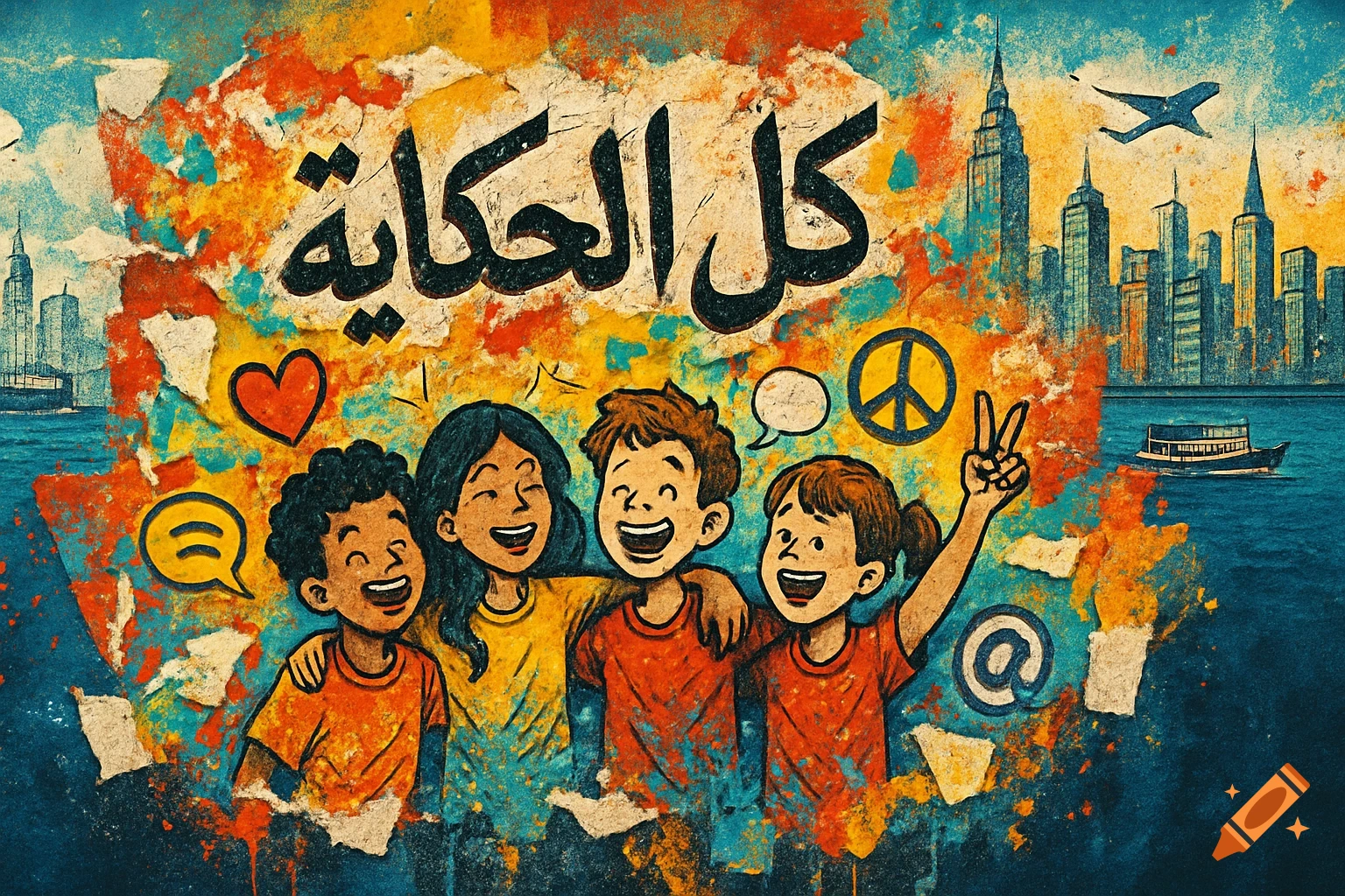 Vibrant cartoon illustration of smiling children and peace symbols on a distressed mural with Arabic text, backed by a city skyline and ocean.