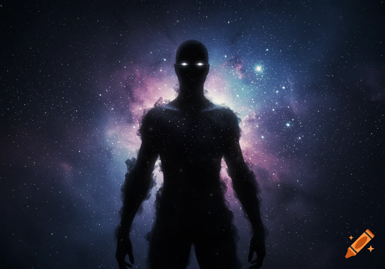A silhouette of a human-like figure with glowing white eyes against a vibrant purple and blue galaxy. Dark mist surrounds the figure.