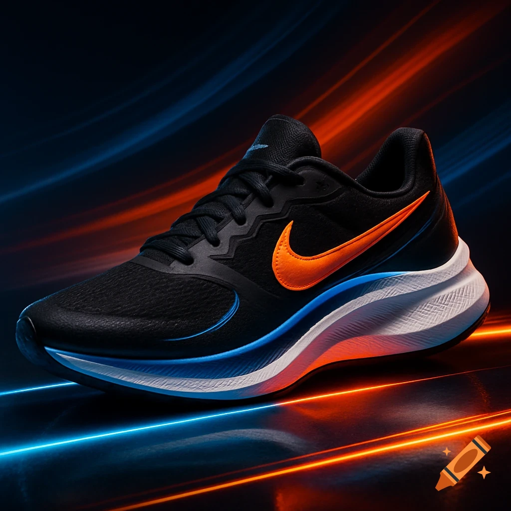 A photorealistic black Nike running shoe with an orange swoosh and blue and white sole accents, against a dark background with blue and orange light streaks.