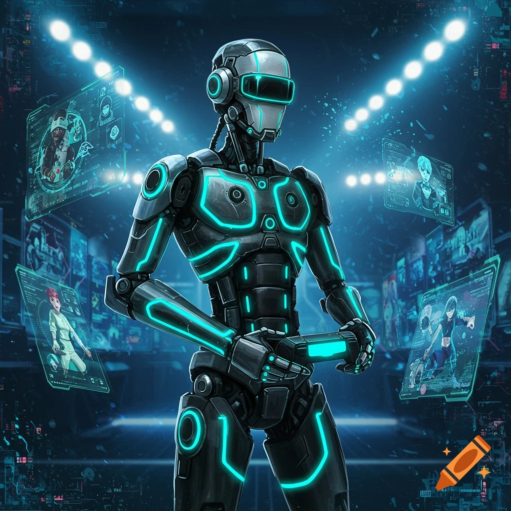 A futuristic robot with a VR headset and glowing blue lines stands amidst floating holographic screens displaying gaming elements in a dark, tech-filled arena.