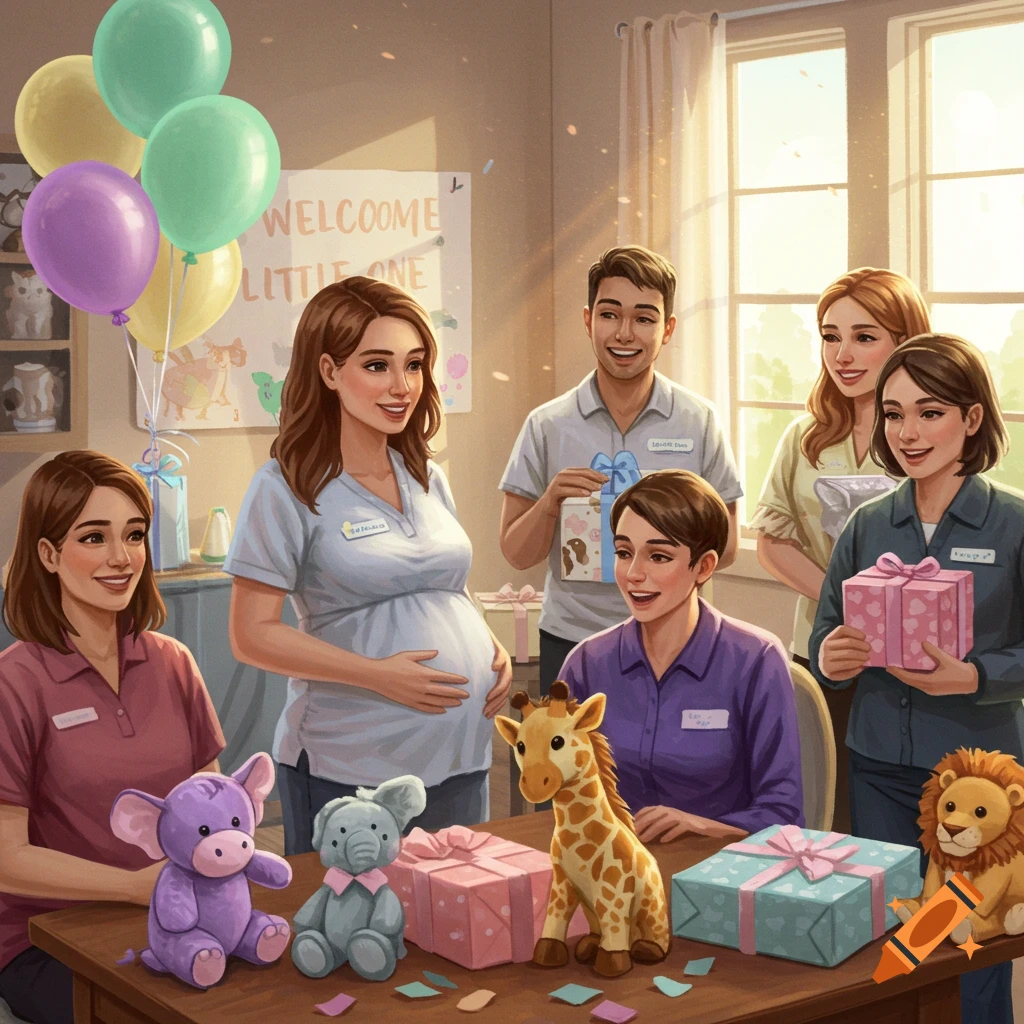 A group of smiling people are gathered at a baby shower with balloons, gifts, and plush toys on a table. A pregnant woman stands in the center.