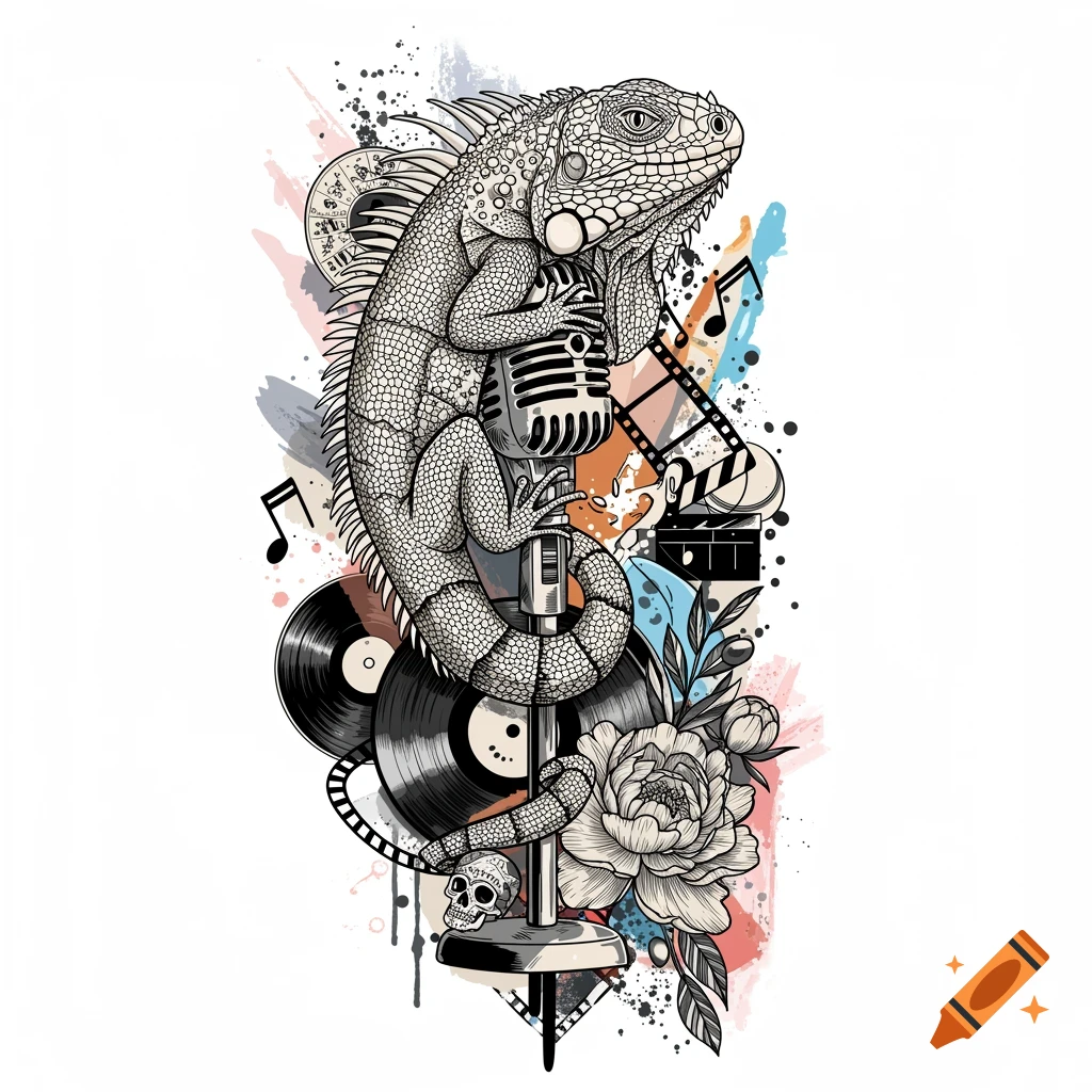 Blackwork tattoo design of an iguana on a vintage microphone stand, surrounded by vinyl records, music notes, a skull, and a peony flower, with colorful abstract splashes.