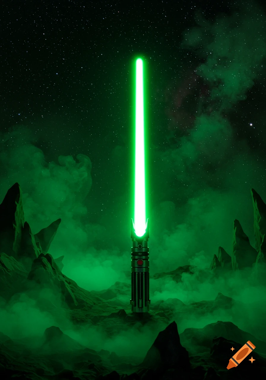 A bright green lightsaber stands upright in a misty, dark green rocky alien landscape under a starry sky.