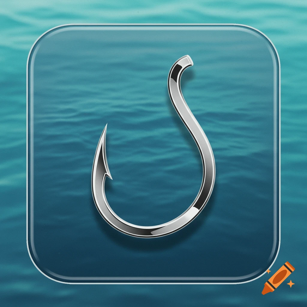 A glossy silver fishhook on a teal water background inside a rounded square icon.