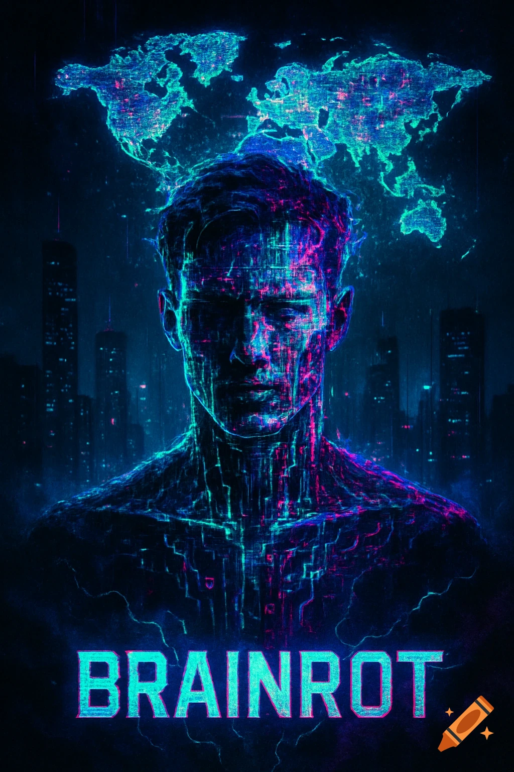 A neon-lit, glitch-art style portrait of a man with a glowing world map above his head and city skyline in the background, with the word "BRAINROT" below.