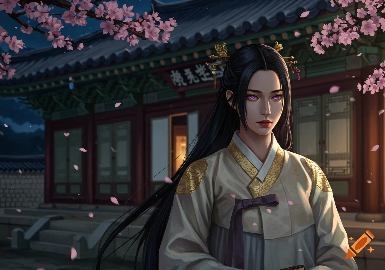 A woman with long black hair and purple eyes in traditional Korean hanbok stands by a building with cherry blossoms at night.