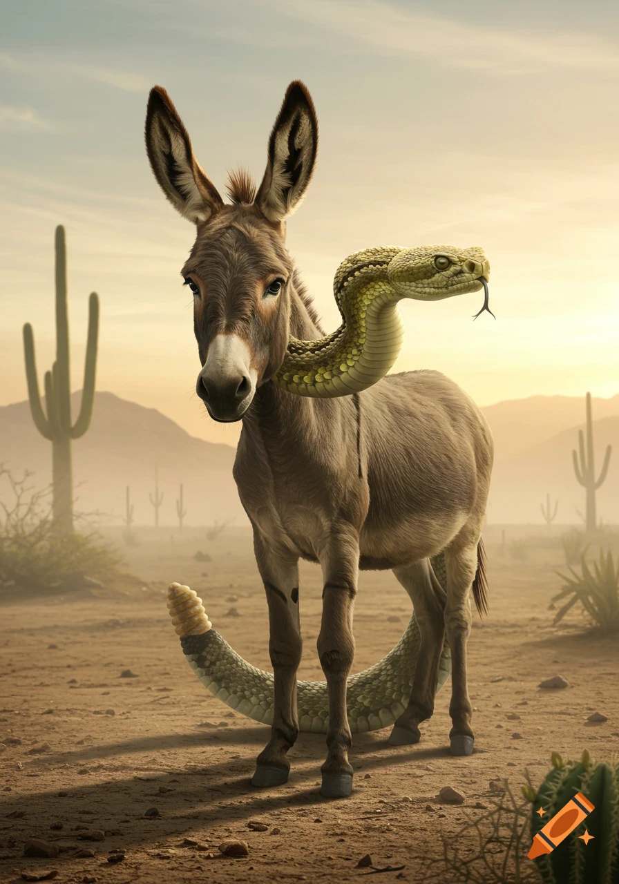 A photorealistic image of a donkey-snake hybrid creature standing in a desert landscape at sunset, with cacti in the background.