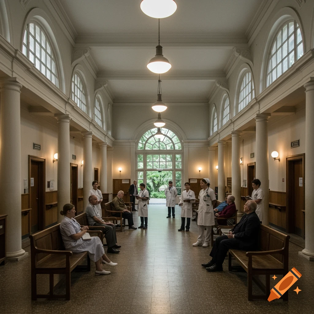 Photorealistic image of a grand old hospital lobby with high arched windows, featuring doctors and patients waiting on wooden benches.