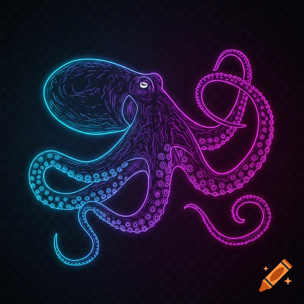 Neon line art of an octopus with blue and pink glowing tentacles on a dark background.