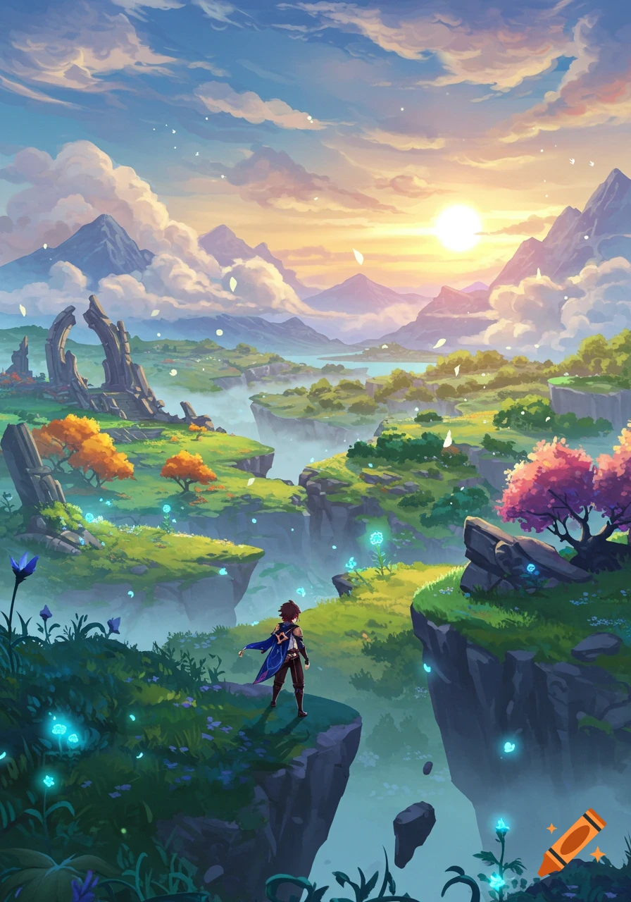 An anime-style character stands on a cliff overlooking a vibrant fantasy landscape with mountains and floating islands at sunset.