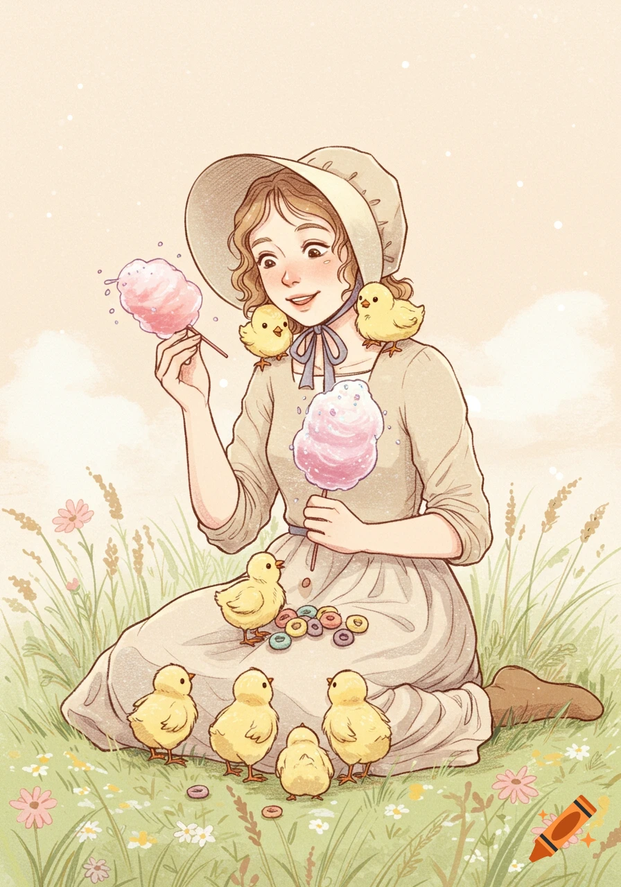 A young woman in a bonnet sits in a grassy field surrounded by yellow chicks, holding pink cotton candy.