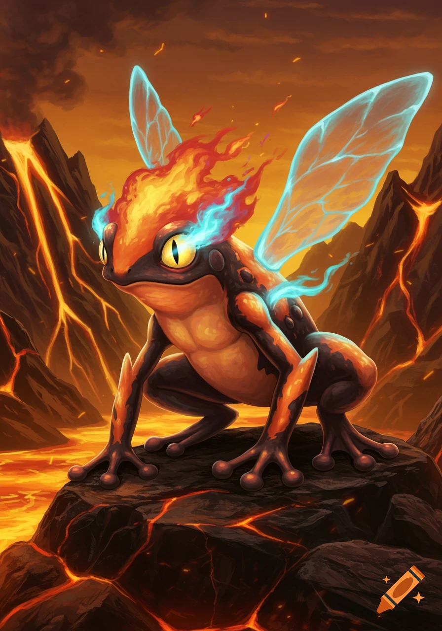 A fiery, winged frog-like creature with glowing blue flames and wings stands on a rock in a volcanic landscape with lava flowing.
