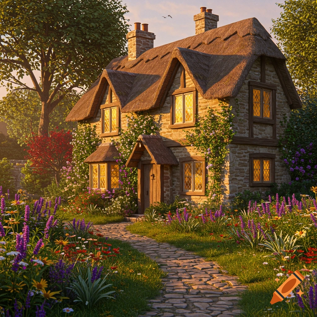 A quaint stone cottage with a thatched roof, surrounded by a vibrant flower garden and a winding stone path, bathed in warm golden light.
