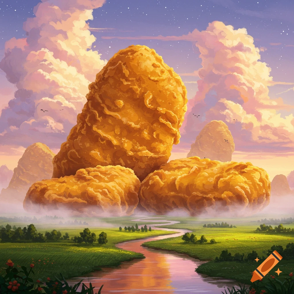 Giant, golden chicken nuggets float like mountains above a lush green landscape with a winding river and a dramatic cloudy sky at sunset.