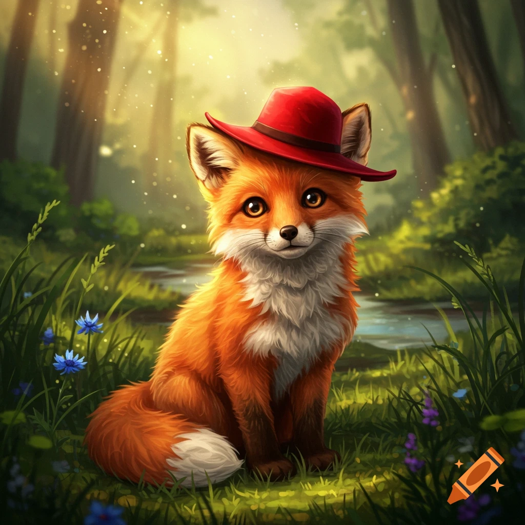 A cute orange fox wearing a red hat sits in a sunlit forest with green grass and a stream.