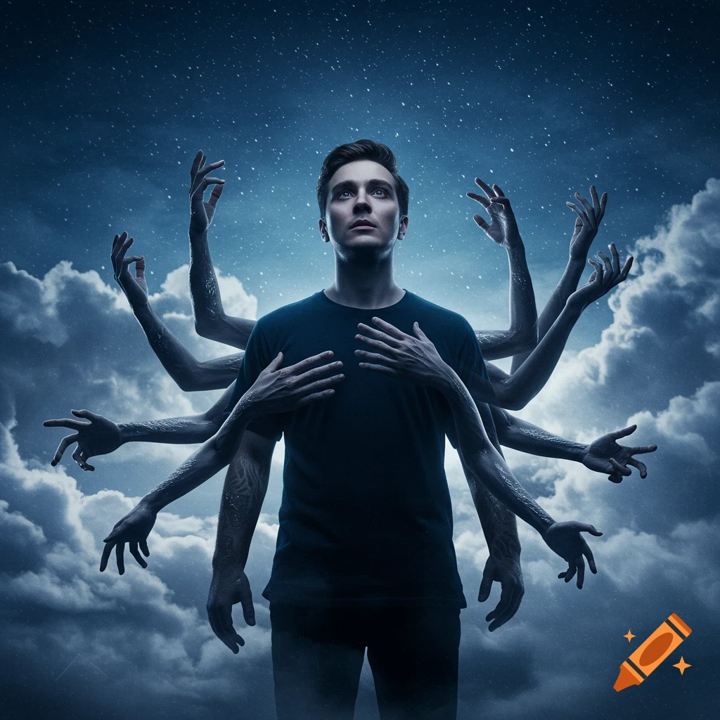 A man with multiple arms looking up at a starry, cloudy night sky.