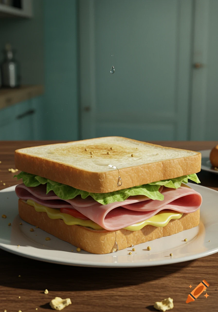 A photorealistic ham, cheese, and lettuce sandwich on a white plate with falling water droplets in a kitchen setting.