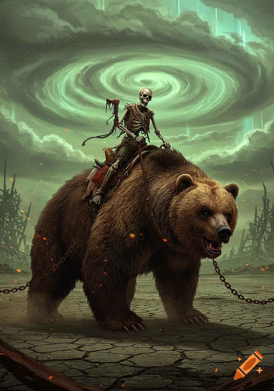A skeletal rider on a large brown bear in a desolate wasteland under a swirling green sky.