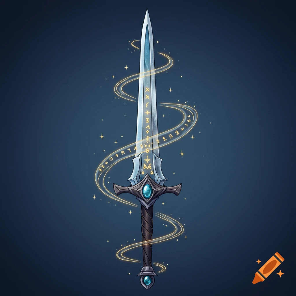 A stylized magical longsword with glowing runes and a blue gem on the hilt, set against a dark background.