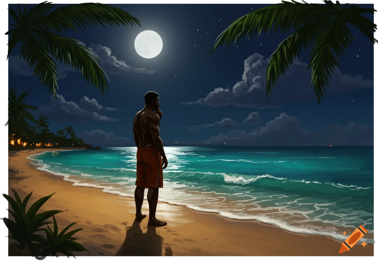 A man stands on a moonlit tropical beach at night, looking out at the ocean.