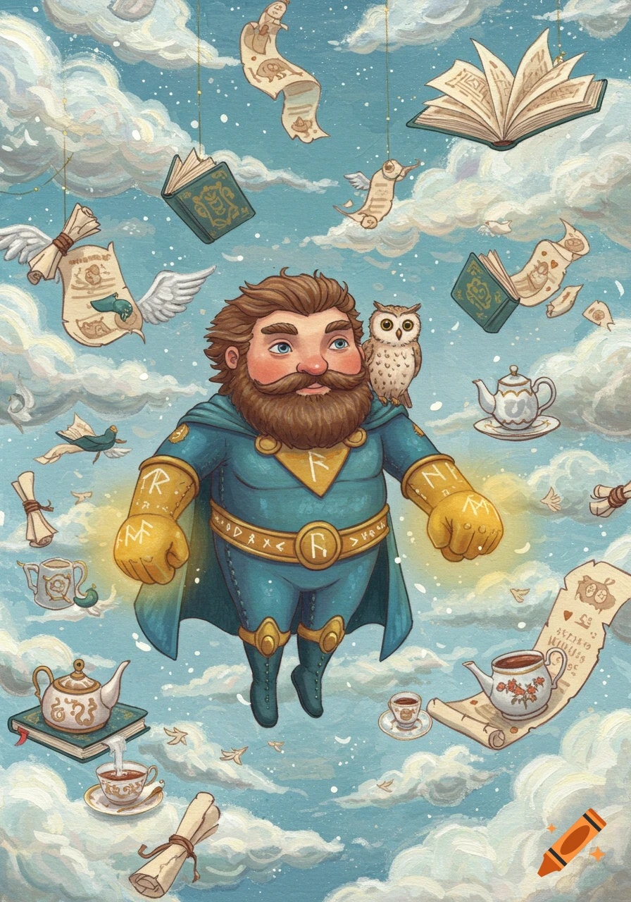A whimsical mixed-media painting of a bearded superhero man floating in a cloudy sky with an owl, magical books, scrolls, and teacups.