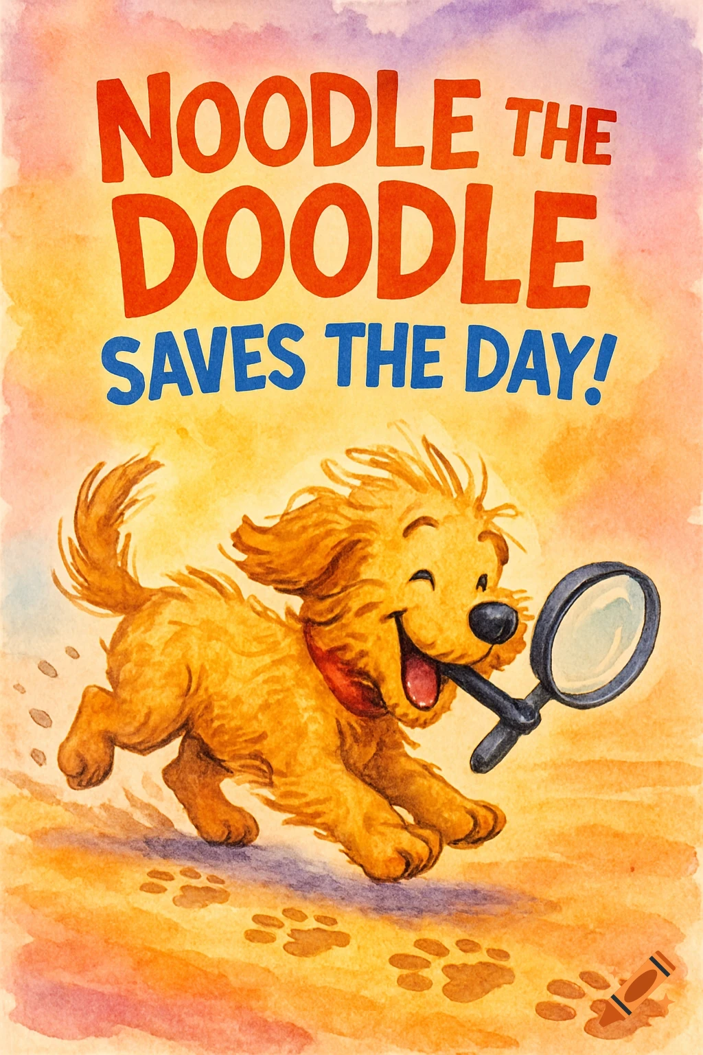 A happy golden doodle puppy with a magnifying glass chases flour paw prints, with the title 'NOODLE THE DOODLE SAVES THE DAY!' in a bright watercolor style.