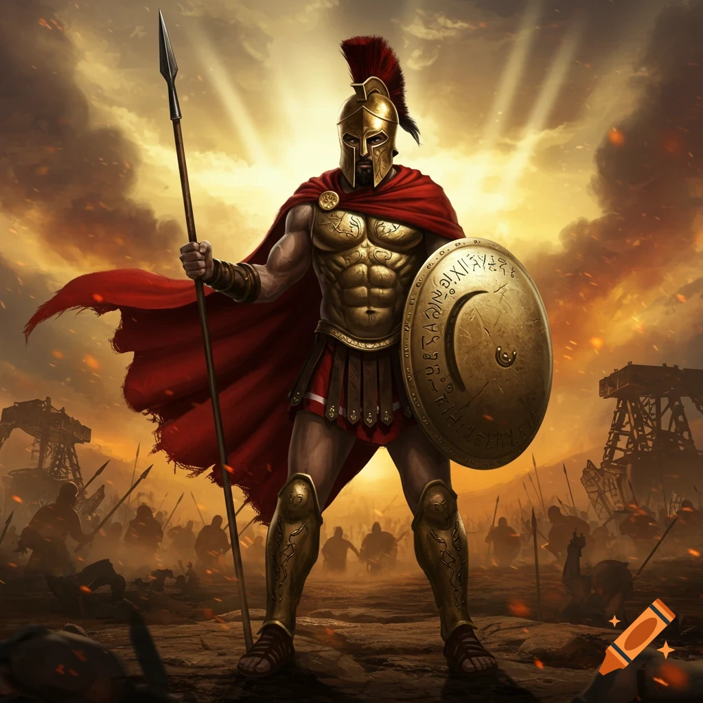 A heavily armored Spartan soldier in a red cape holds a spear and shield on a battlefield under a fiery sky.