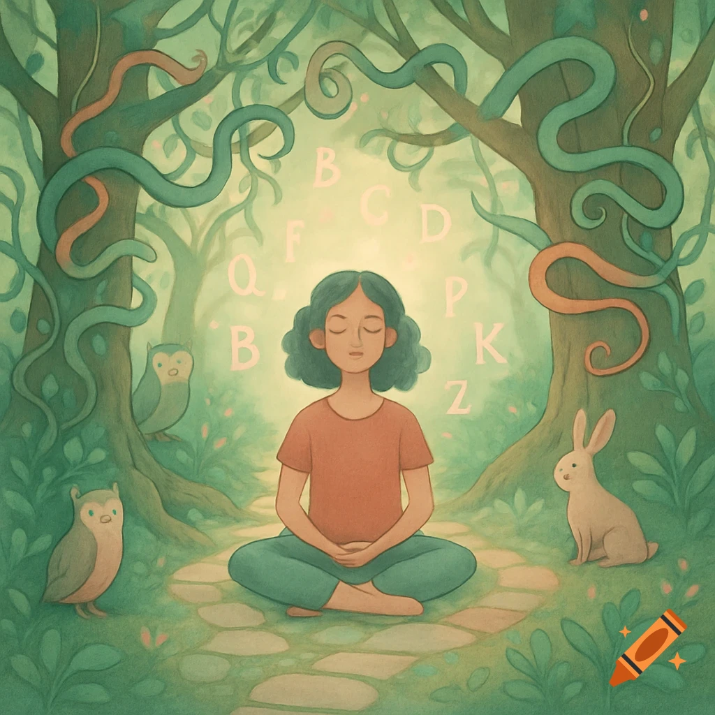 A person with closed eyes sits in a lotus position meditating in a lush green forest, surrounded by floating alphabet letters. Two owls and a rabbit are nearby.