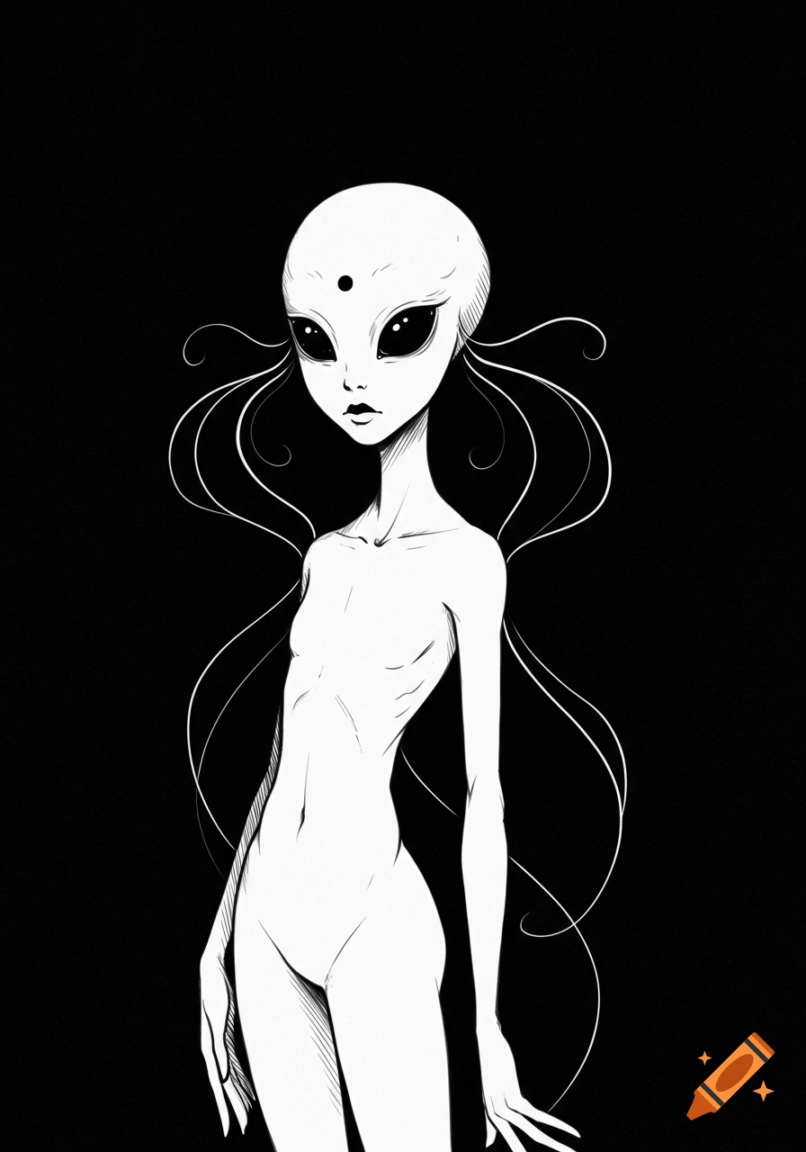 A black and white sketch of a humanoid alien with large dark eyes and a third eye, with swirling lines around its head.
