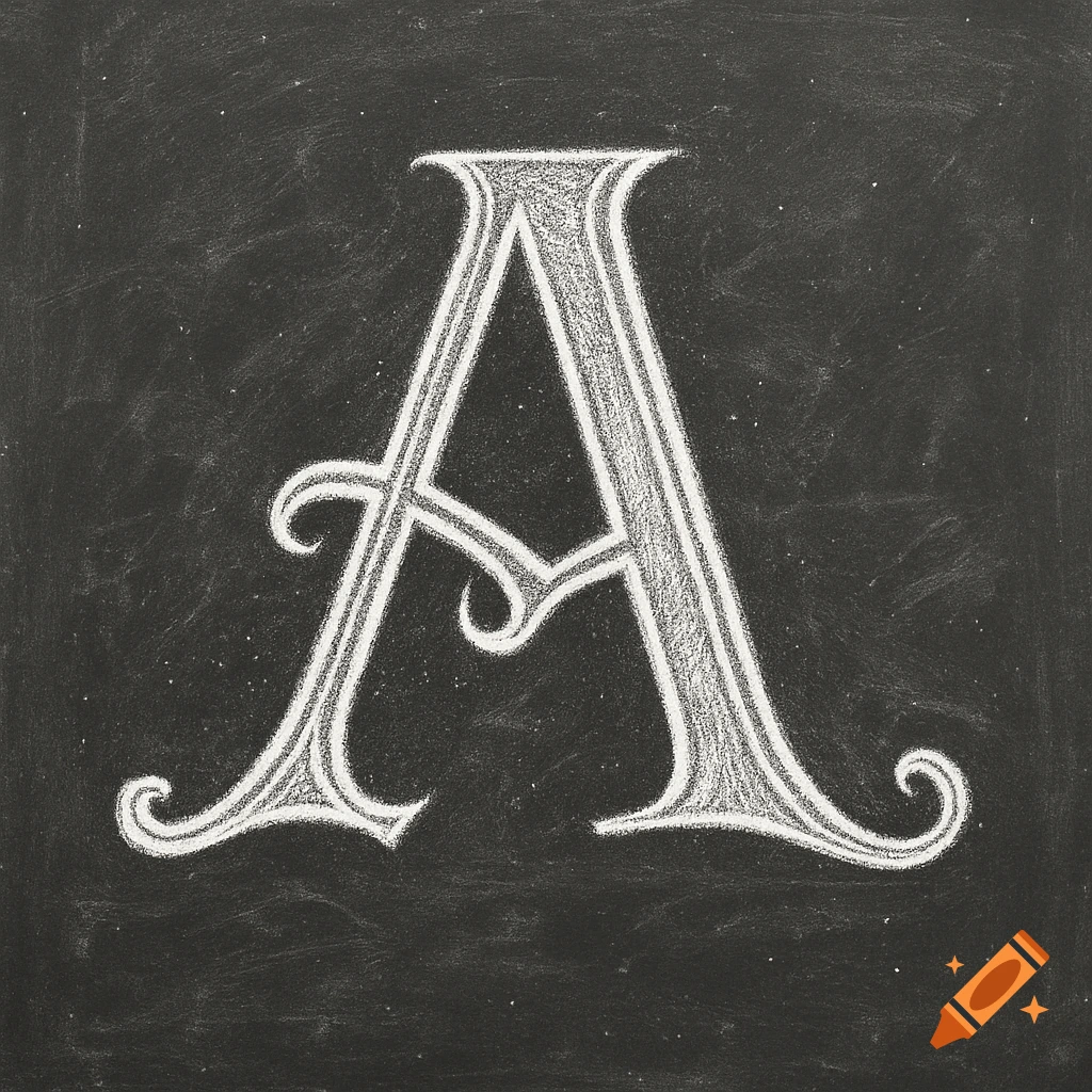 A decorative letter A drawn with white chalk on a dark chalkboard.