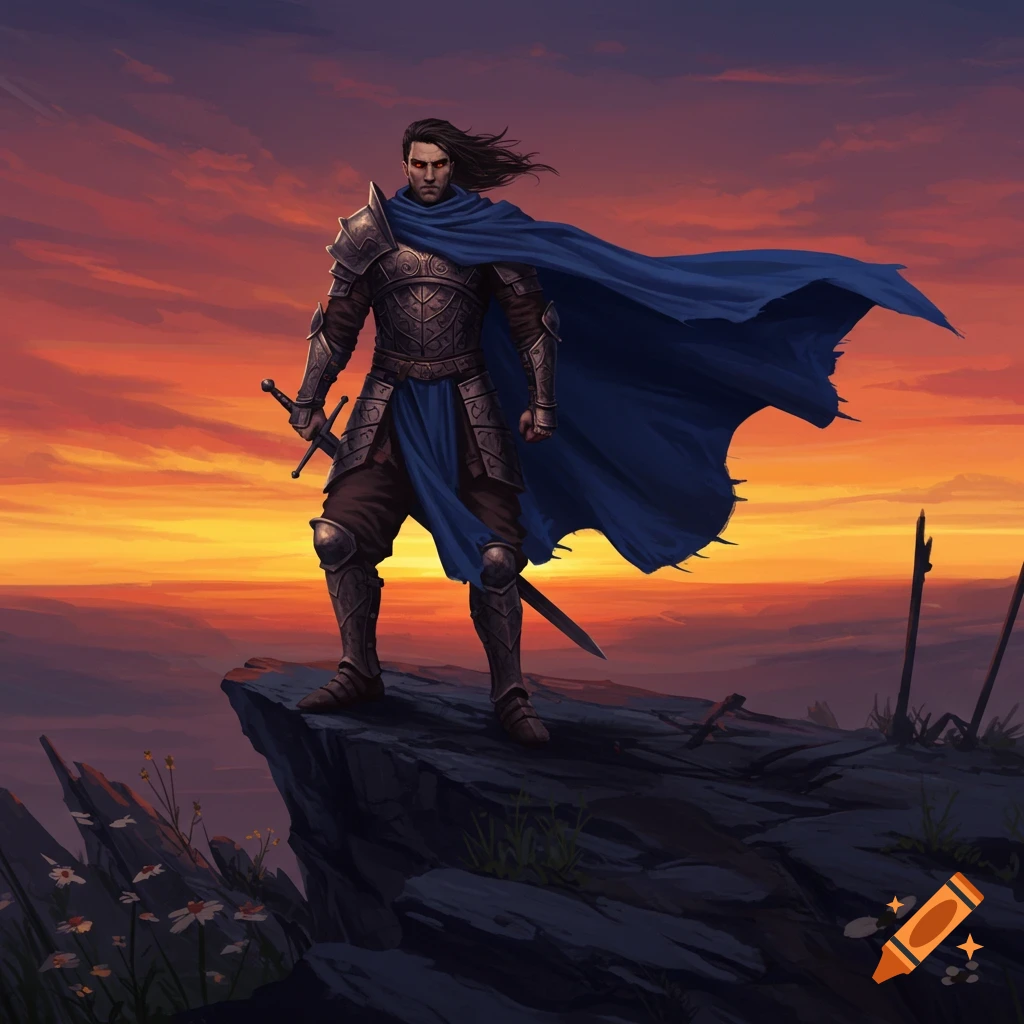 A male warrior in detailed armor and a blue cape stands on a rocky cliff, holding a sword, against a dramatic orange and purple sunset illustration.