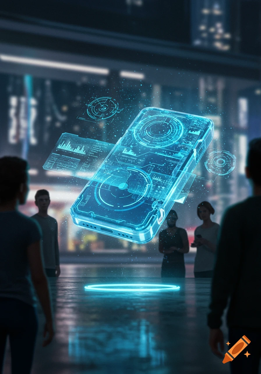 A large, glowing blue holographic smartphone display floats above a glowing platform, with people in a dark, futuristic room.