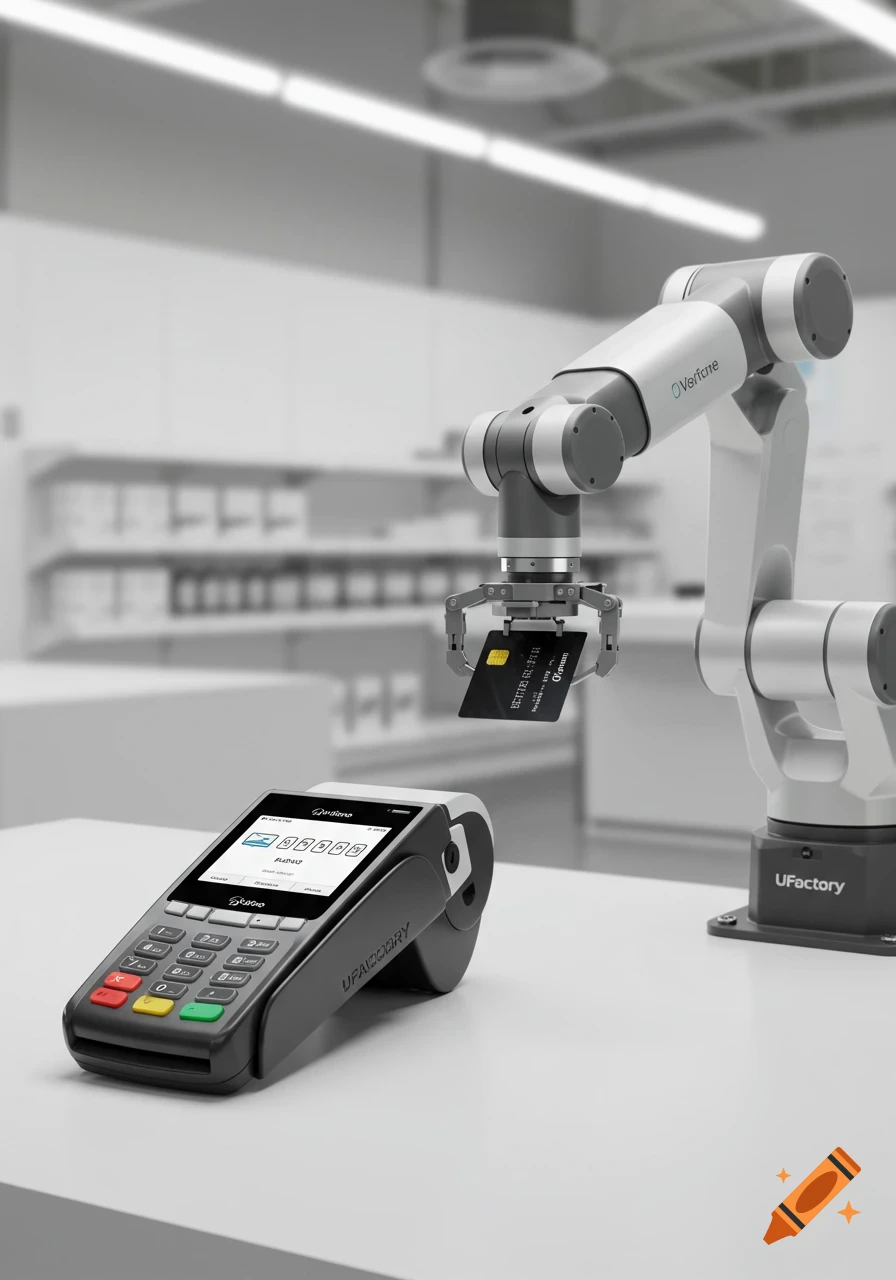 A robotic arm holds a credit card over a payment terminal on a white table in a modern, photorealistic setting.