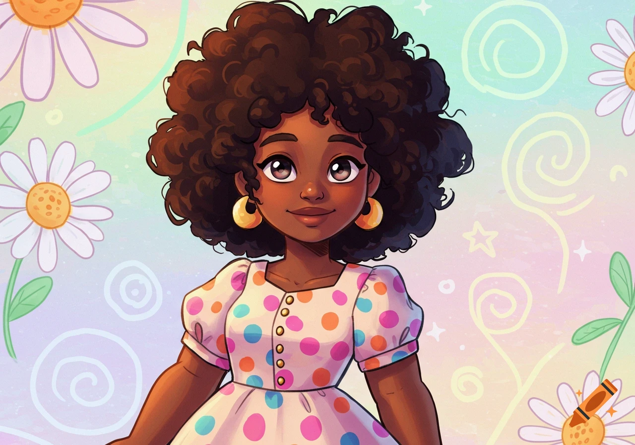 Cartoon portrait of a young Black girl with curly hair and a polka dot dress, smiling amidst pastel flowers.