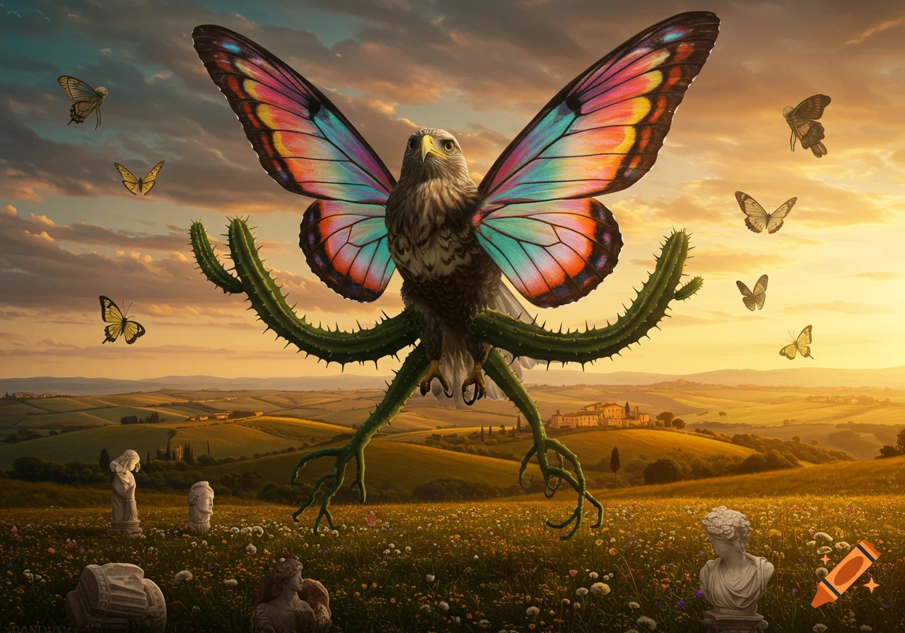 A surreal creature with an eagle body, colorful butterfly wings, and cactus legs stands in a flower field with classical ruins at sunset.