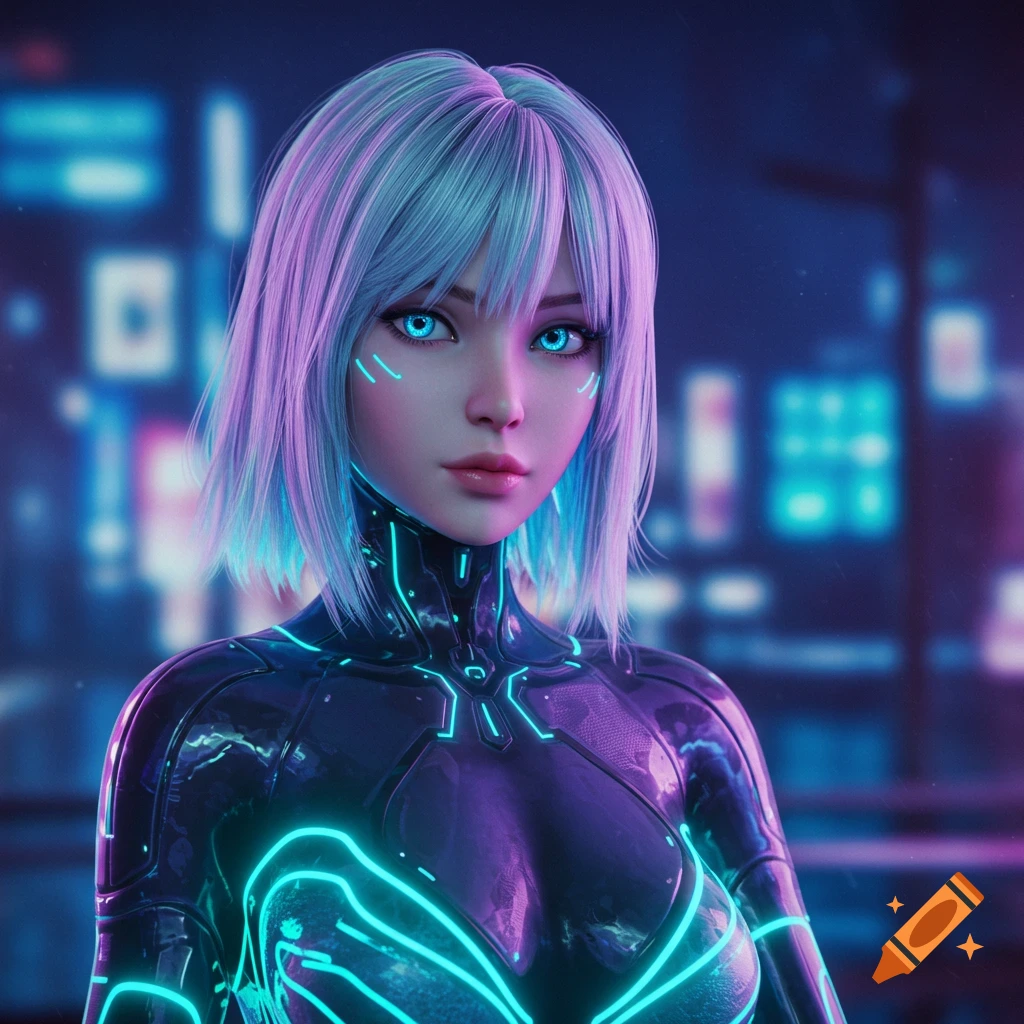 A futuristic CGI woman with light blue hair and glowing blue eyes in a black and blue glowing suit, against a blurry cyberpunk city background.