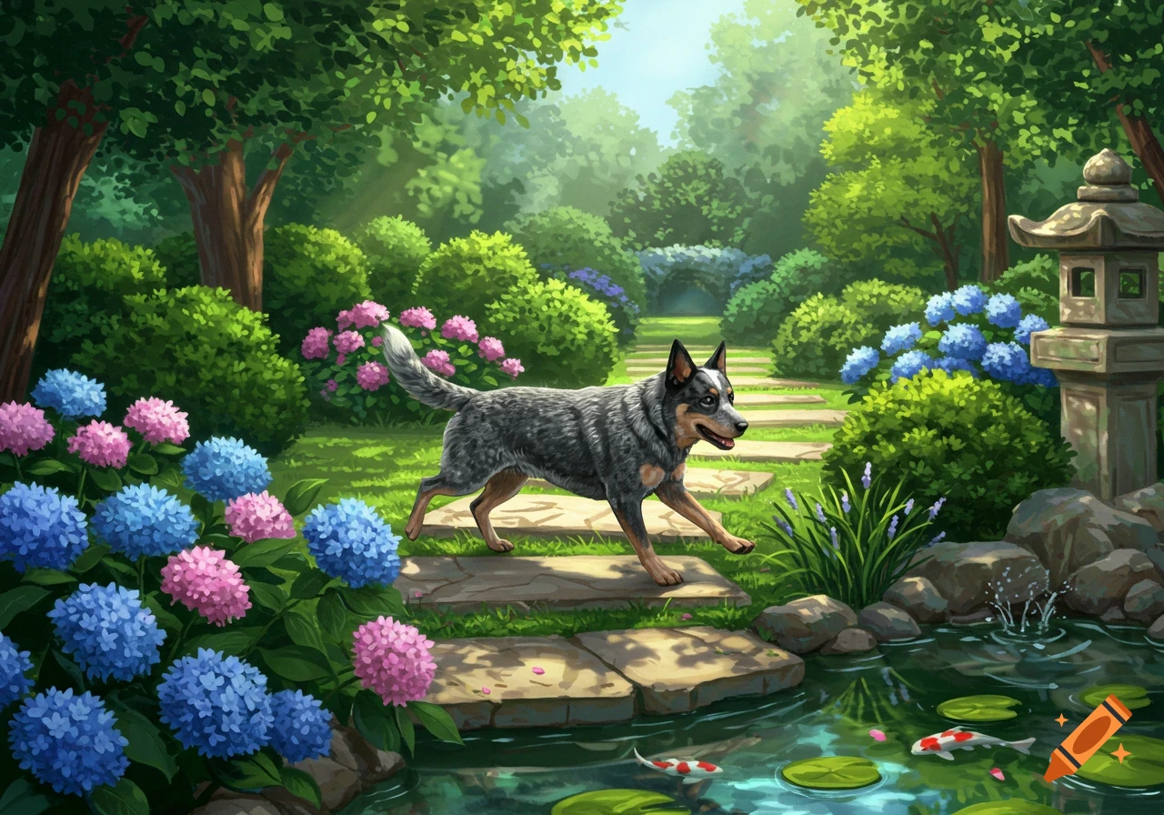 An illustrative blue heeler dog walks on stepping stones in a vibrant garden with pink and blue hydrangeas and a koi pond.