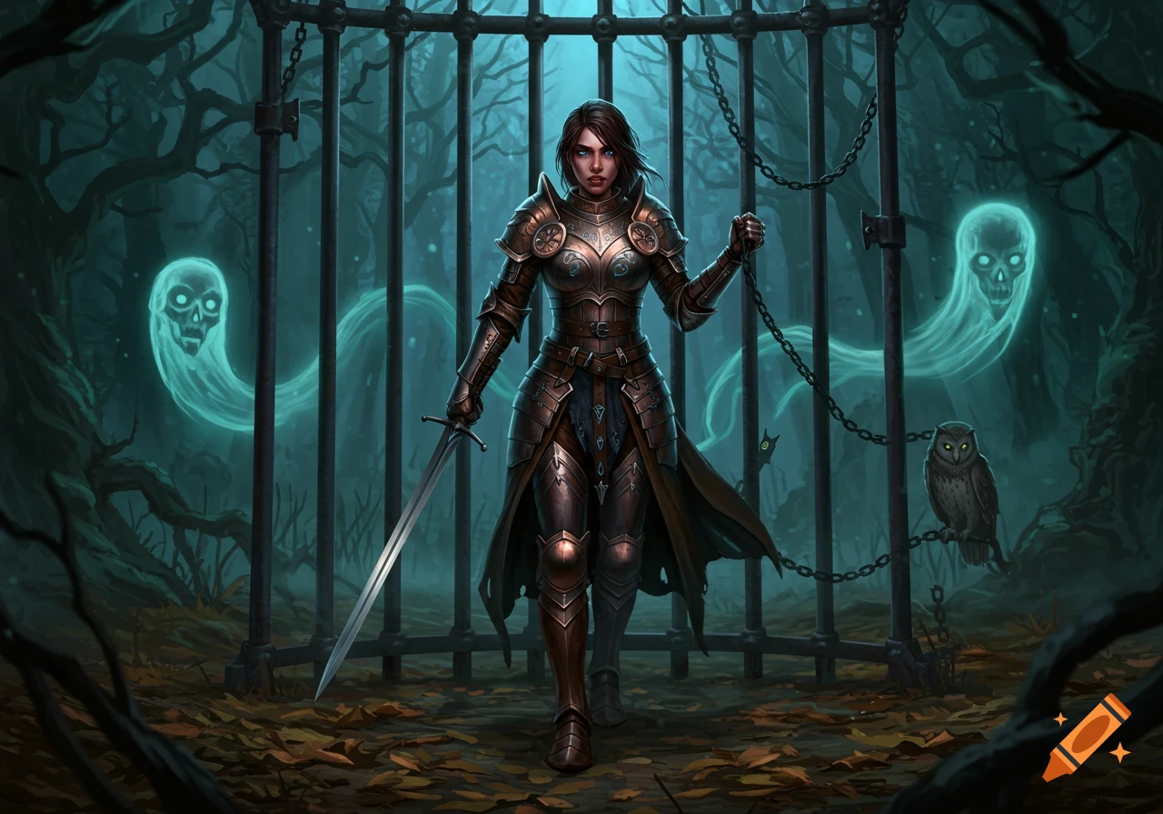 Armored female warrior with a sword and chain stands before a dark metal gate in a spooky forest with glowing ghosts and an owl. Fantasy art.