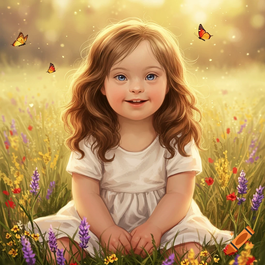 An illustration of a smiling young girl with brown hair and blue eyes, sitting in a field of colorful wildflowers with butterflies.
