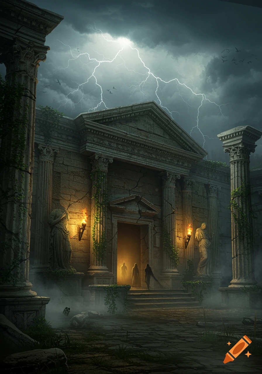 An eerie ancient Roman temple shrouded in mist under a stormy, lightning-filled sky. Shadowy figures approach its entrance, flanked by crumbling columns and statues.