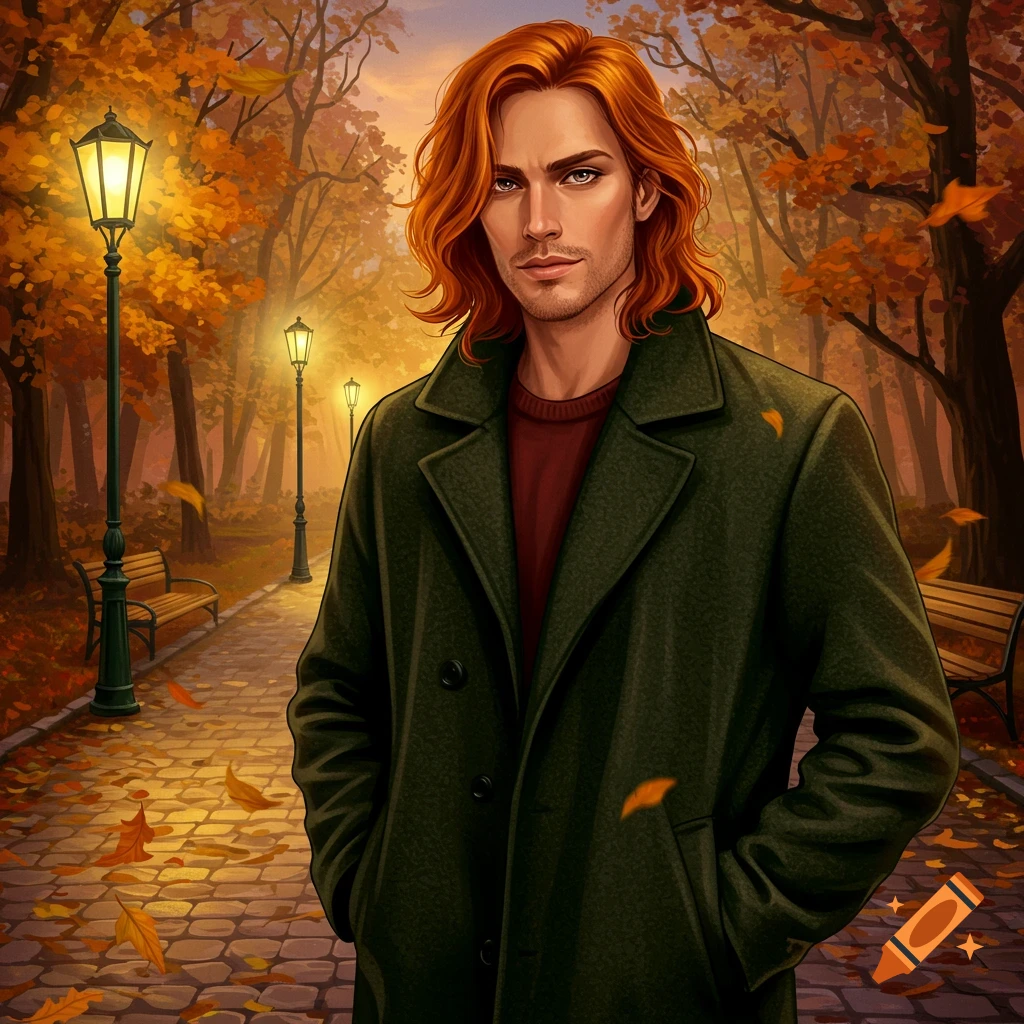 An illustrated man with flowing red hair and a green coat stands on a paved path in an autumn park with streetlights and fallen orange leaves.
