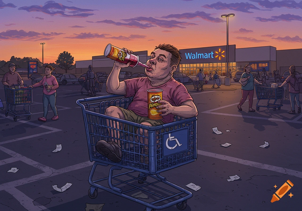 A man in a shopping cart in a Walmart parking lot at sunset, drinking from a Pringles can, in an illustration style.