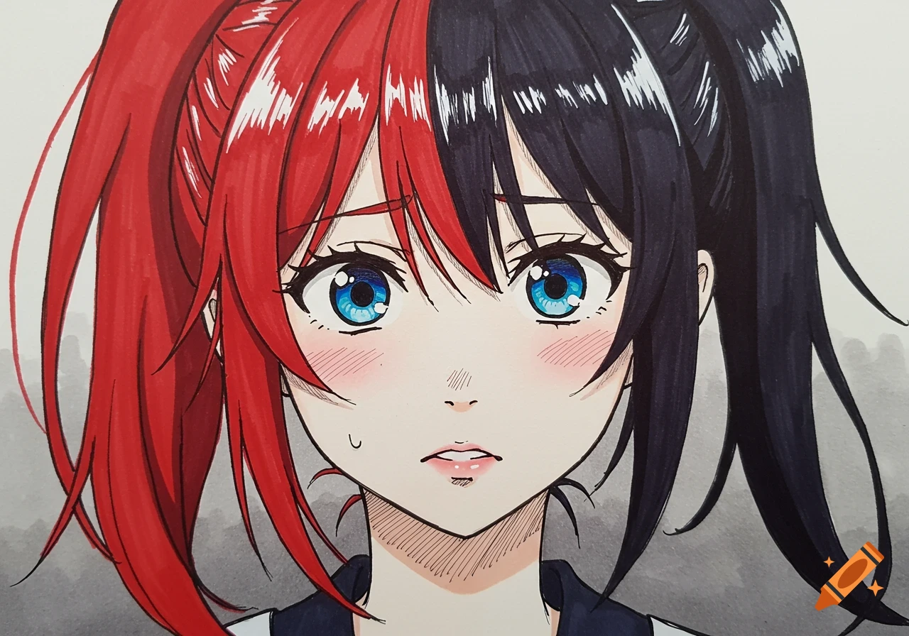 Close-up anime portrait of a girl with half red and half black hair in pigtails, blush, and wide blue eyes with a worried expression.