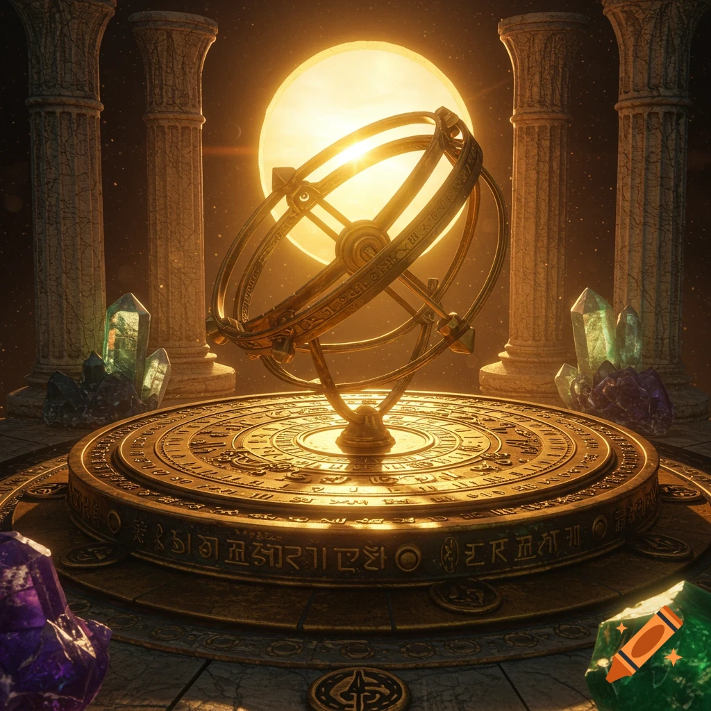A golden armillary sphere and sundial surrounded by colorful crystals and ancient pillars under a glowing sun.
