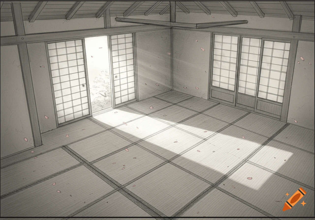 A stylized sketch of an empty traditional Japanese tatami room with shoji doors, sunlight streaming in, and cherry blossom petals on the floor.